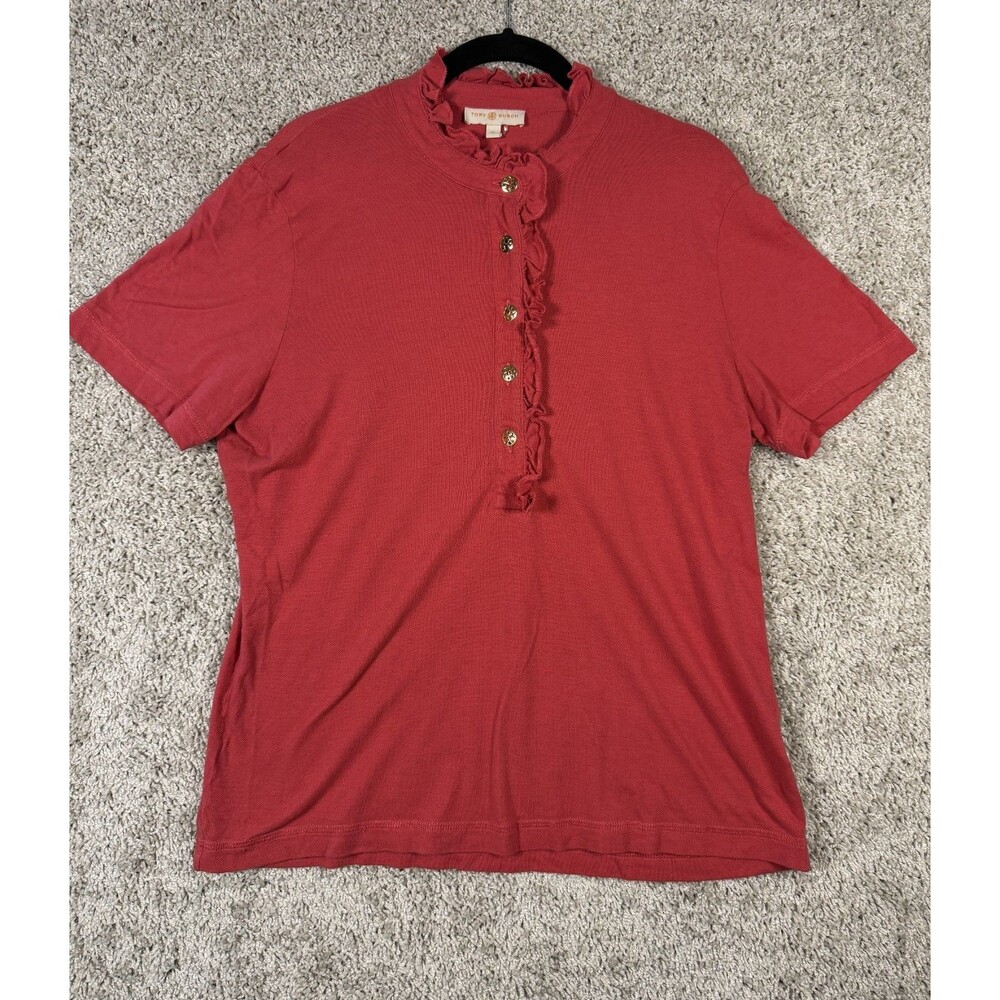 TORY BURCH Womens Short Sleeve Ruffle Collar Red Cotton Modal Shirt Size Xl